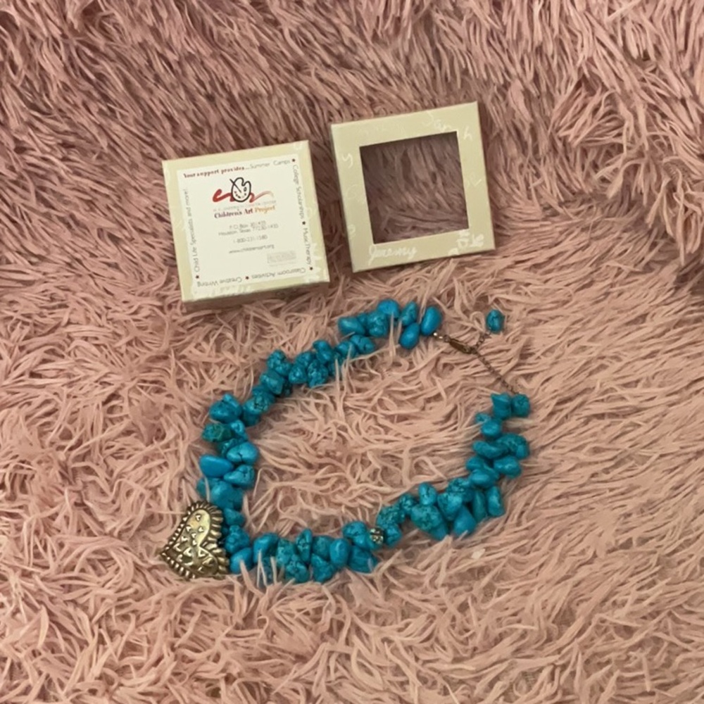 Chunky Turquoise Beaded Necklace with Silver Heart Pendant